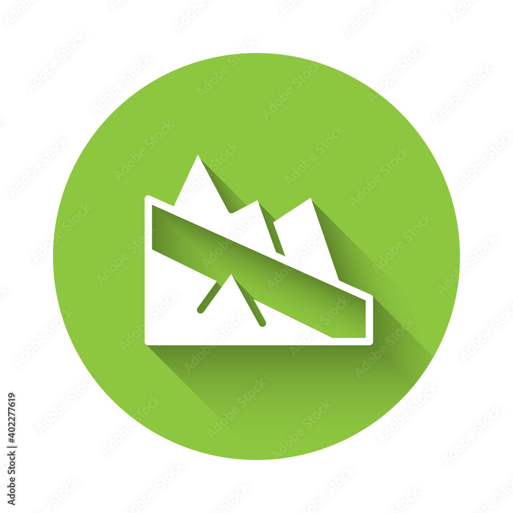 White Mountain descent icon isolated with long shadow. Symbol of victory or success concept. Green circle button. Vector. White Mountain descent icon isolated with long shadow. Symbol of victory or success concept. Green circle button. Vector.