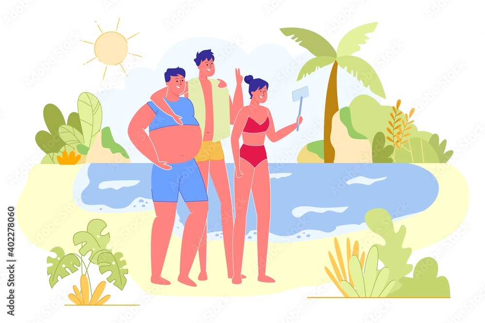 Friends Company Photographing on Tropical Beach Vector Illustration