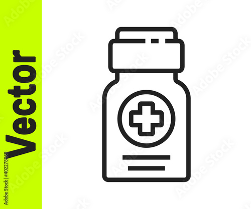 Free Download Black line Medicine bottle icon isolated on white background. Bottle pill sign. Pharmacy design. Vector Illustration. - GFXLoad
