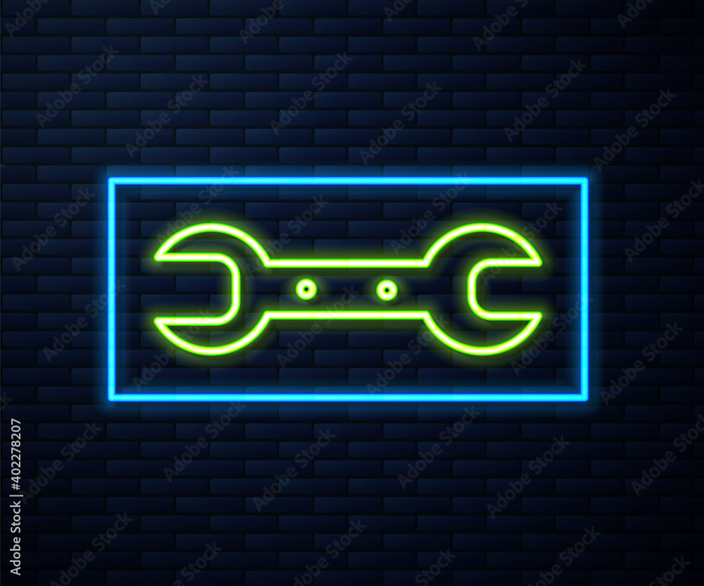 Glowing neon line Wrench spanner icon isolated on brick wall background. Vector Illustration. Glowing neon line Wrench spanner icon isolated on brick wall background. Vector Illustration.