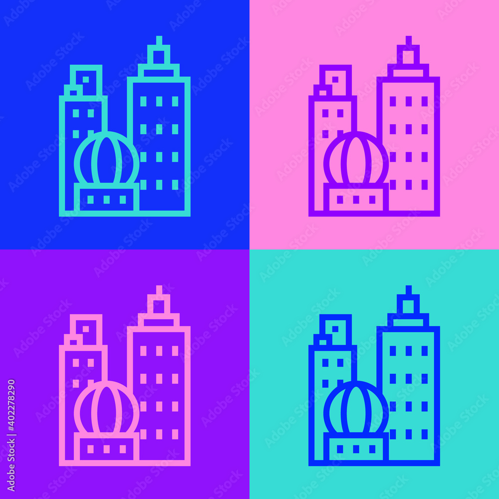 Pop art line City landscape icon isolated on color background. Metropolis architecture panoramic landscape. Vector Illustration.