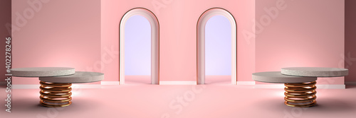 3D rendering. Minimal abstract scene with Round stone Pedestal with gold spring. Podium for display product on the pink floor. Pedestal can be used for advertising, Isolated on pink background.