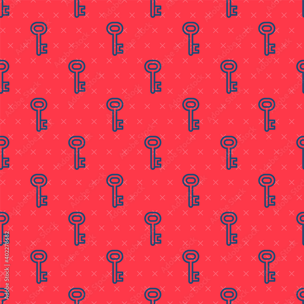 Blue line House key icon isolated seamless pattern on red background. Vector Illustration. Blue line House key icon isolated seamless pattern on red background. Vector Illustration.