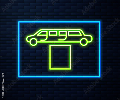 Glowing neon line Luxury limousine car and carpet icon isolated on brick wall background. For world premiere celebrities and guests poster. Vector Illustration.