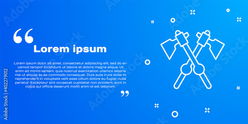 White line Crossed medieval axes icon isolated on blue background. Battle axe, executioner axe. Medieval weapon. Vector.