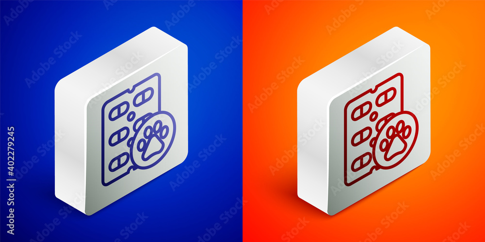 Isometric line Dog pill icon isolated on blue and orange background. Prescription medicine for animal. Silver square button. Vector. Isometric line Dog pill icon isolated on blue and orange background. Prescription medicine for animal. Silver square button. Vector.