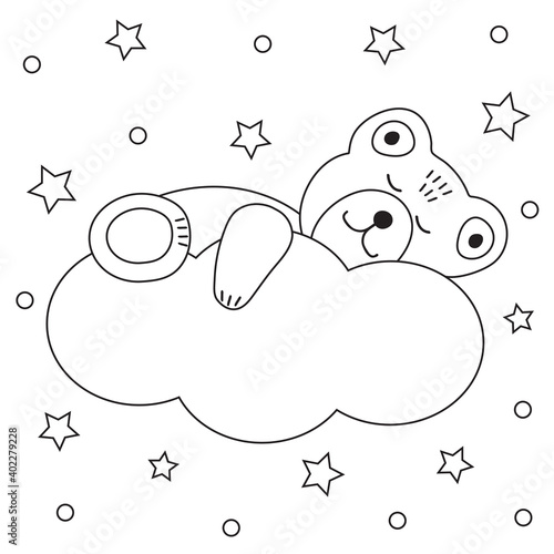 Cute bear sleeps on a cloud and stars. Coloring page.