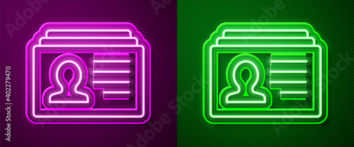 Glowing neon line Resume icon isolated on purple and green background. CV application. Searching professional staff. Analyzing personnel resume. Vector.