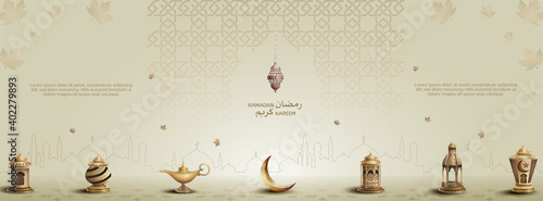 islamic greeetings ramadan kareem card design with beautiful lanterns, magic lamp, and crescent