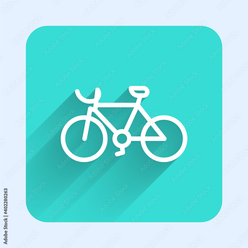 White line Bicycle icon isolated with long shadow. Bike race. Extreme sport. Sport equipment. Green square button. Vector. White line Bicycle icon isolated with long shadow. Bike race. Extreme sport. Sport equipment. Green square button. Vector.