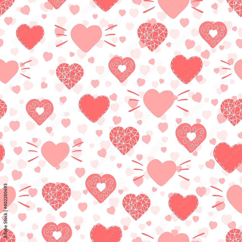 Hand drawn seamless pattern of many different size pink hearts. Romantic cute doodle illustration for design Valentine's day, Womens Day or Birthday card, invitation, wallpaper, wrapping paper, fabric