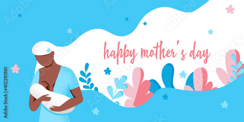 Afro woman breastfeeding her newborn baby holding and nursing in hands. Tropical leaves, flowers. Breast feeding week banner, happy mother day greeting card. Child drinks milk from the female breast