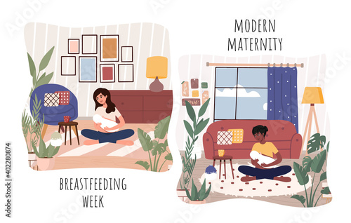 Afro woman breastfeeding her newborn baby in lotus pose, home jungle set. Mother holding infant indoors. Trendy scandinavian hygge interior, living room. Happy motherhood, natural feeding concept