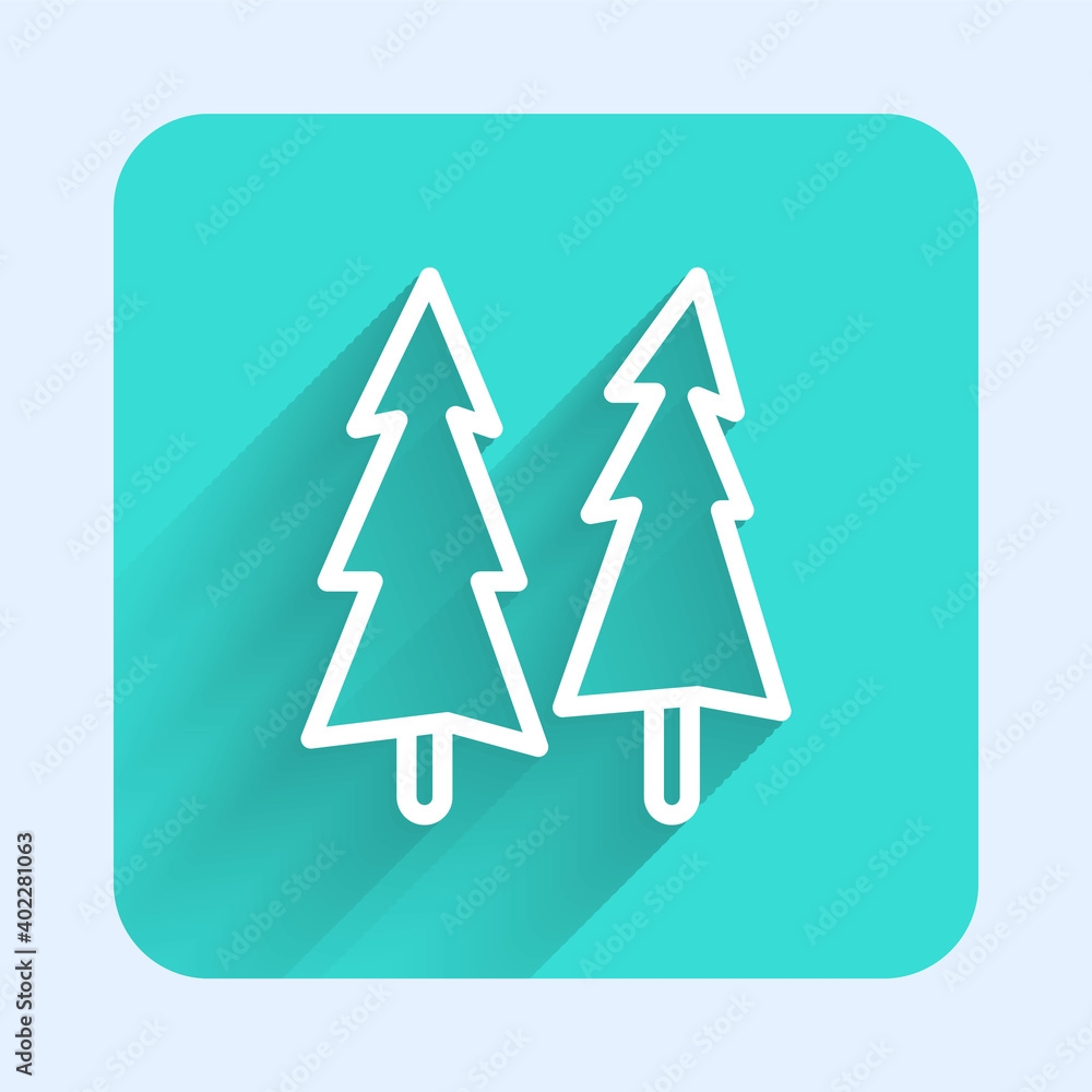 White line Christmas tree icon isolated with long shadow. Merry Christmas and Happy New Year. Green square button. Vector. White line Christmas tree icon isolated with long shadow. Merry Christmas and Happy New Year. Green square button. Vector.