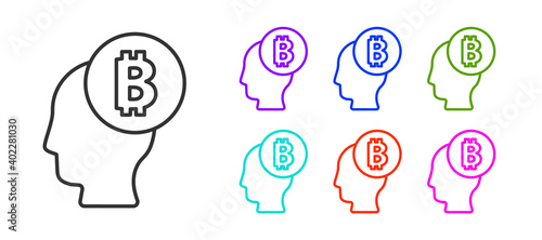 Black line Bitcoin think icon isolated on white background. Cryptocurrency head. Blockchain technology, digital money market, cryptocoin wallet. Set icons colorful. Vector.