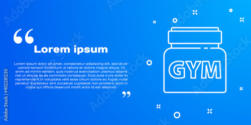 White line Sports nutrition bodybuilding proteine power drink and food icon isolated on blue background. Vector.