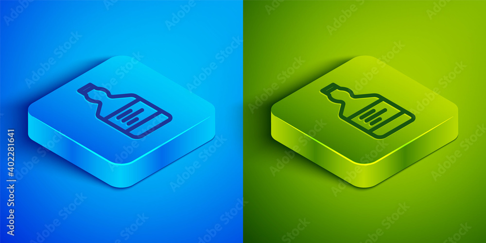 Isometric line Tequila bottle icon isolated on blue and green background. Mexican alcohol drink. Square button. Vector. Isometric line Tequila bottle icon isolated on blue and green background. Mexican alcohol drink. Square button. Vector.