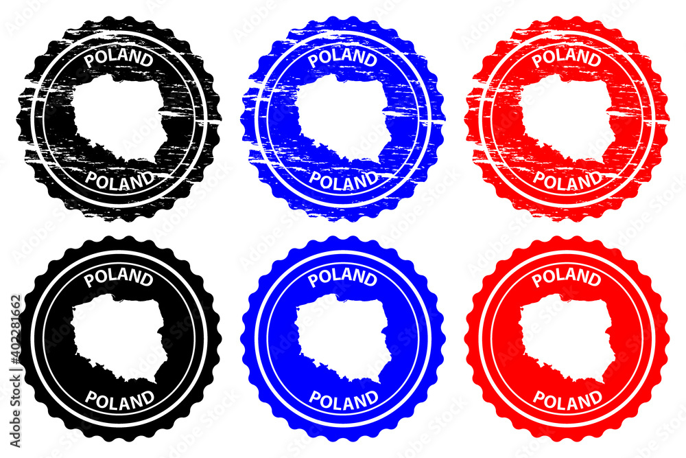 Poland - rubber stamp - vector, Poland map pattern - sticker - black, blue and red