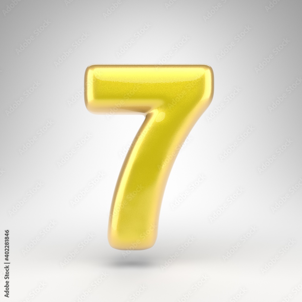 Number 7 on white background. Yellow car paint 3D number with glossy metallic surface. Number 7 on white background. Yellow car paint 3D number with glossy metallic surface.