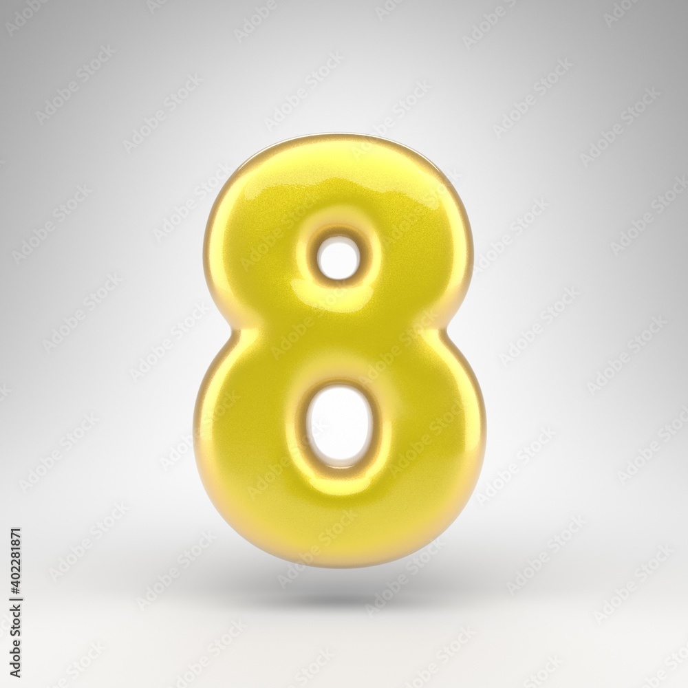 Number 8 on white background. Yellow car paint 3D number with glossy metallic surface. Number 8 on white background. Yellow car paint 3D number with glossy metallic surface.