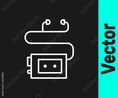 White line Museum audio guide icon isolated on black background. Headphones for excursions. Vector.