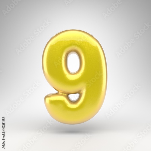 Number 9 on white background. Yellow car paint 3D number with glossy metallic surface.