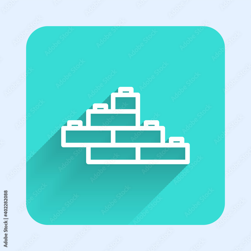 White line Toy building block bricks for children icon isolated with long shadow. Green square button. Vector. White line Toy building block bricks for children icon isolated with long shadow. Green square button. Vector.