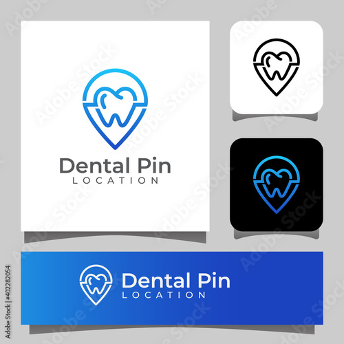 teeth with pin location for dental clinic line art logo design vector template