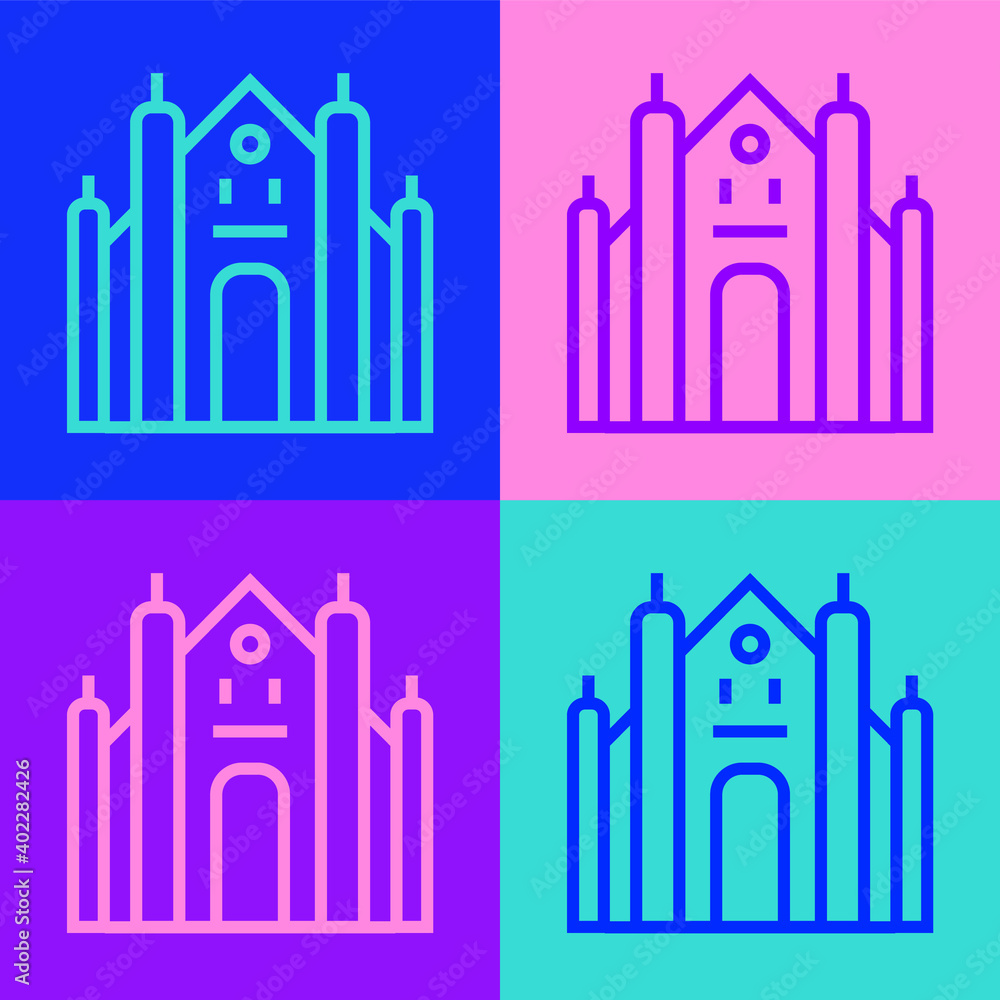 Pop art line Milan Cathedral or Duomo di Milano icon isolated on color background. Famous landmark of Milan, Italy. Vector. Pop art line Milan Cathedral or Duomo di Milano icon isolated on color background. Famous landmark of Milan, Italy. Vector.