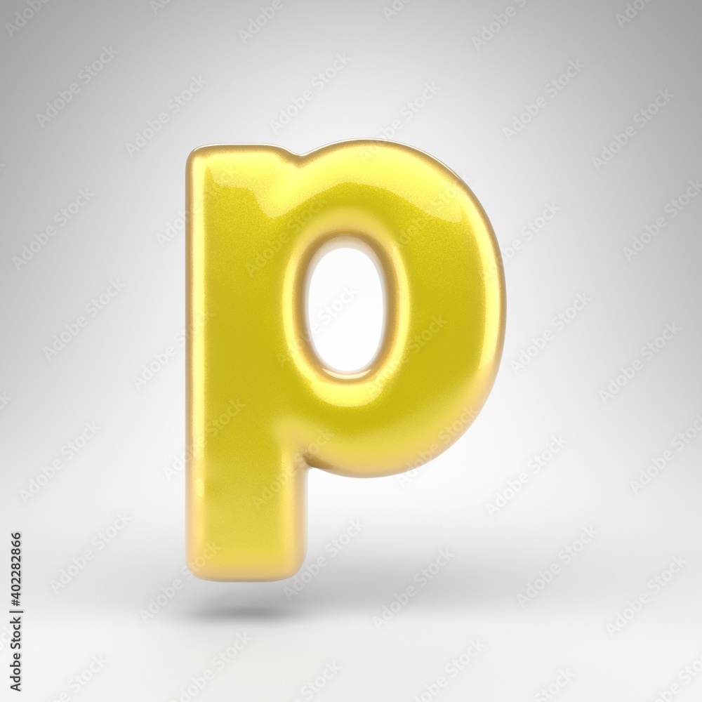 Letter P lowercase on white background. Yellow car paint 3D letter with glossy metallic surface. Letter P lowercase on white background. Yellow car paint 3D letter with glossy metallic surface.