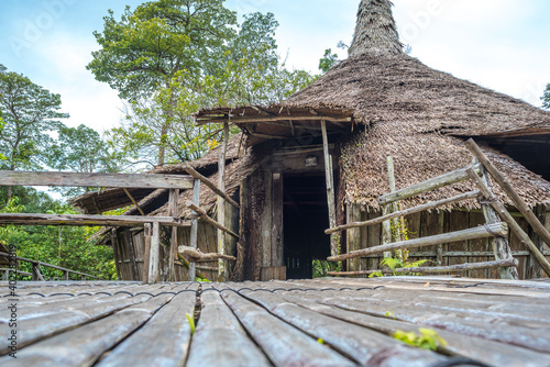 Bidayuh roundhouse in the Sarawak Cultural Village, located in the north of Kuching. It showcases the various ethnic groups carrying out traditional activities in their respective traditional houses photo