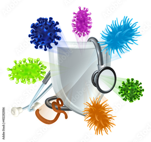 A doctors stethoscope and shield deflecting virus or bacteria cells medical health concept