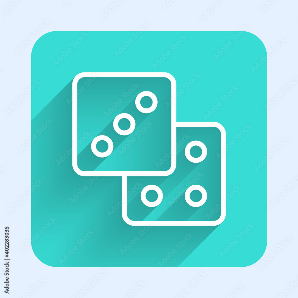 White line Game dice icon isolated with long shadow. Casino gambling. Green square button. Vector. White line Game dice icon isolated with long shadow. Casino gambling. Green square button. Vector.