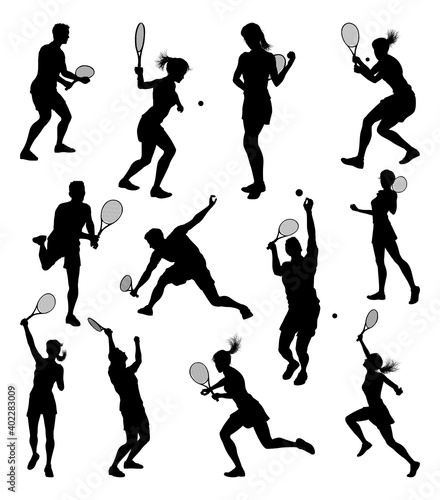 A set of tennis player man and woman silhouette sports people design elements