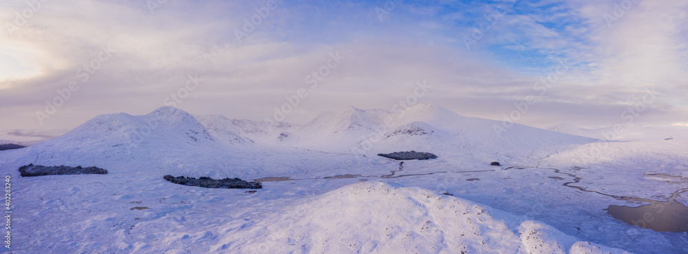 A view of Lochan na h-Achlaise on rannoch moor in the argyll region of the highlands of Scotland during a winter day near glen coe