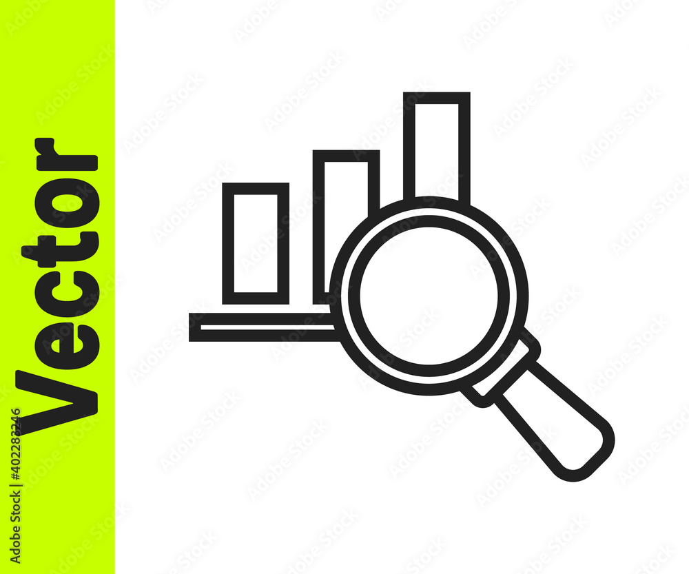 Black line Magnifying glass and data analysis icon isolated on white background. Vector. Black line Magnifying glass and data analysis icon isolated on white background. Vector.