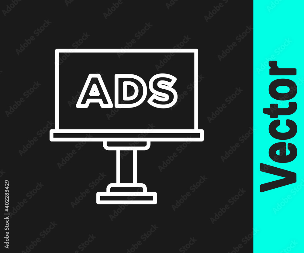 White line Advertising icon isolated on black background. Concept of marketing and promotion process. Responsive ads. Social media advertising. Vector. White line Advertising icon isolated on black background. Concept of marketing and promotion process. Responsive ads. Social media advertising. Vector.