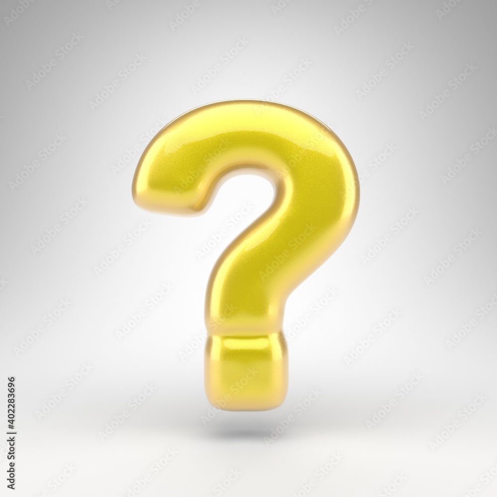 Question symbol on white background. Yellow car paint 3D sign with glossy metallic surface. Question symbol on white background. Yellow car paint 3D sign with glossy metallic surface.