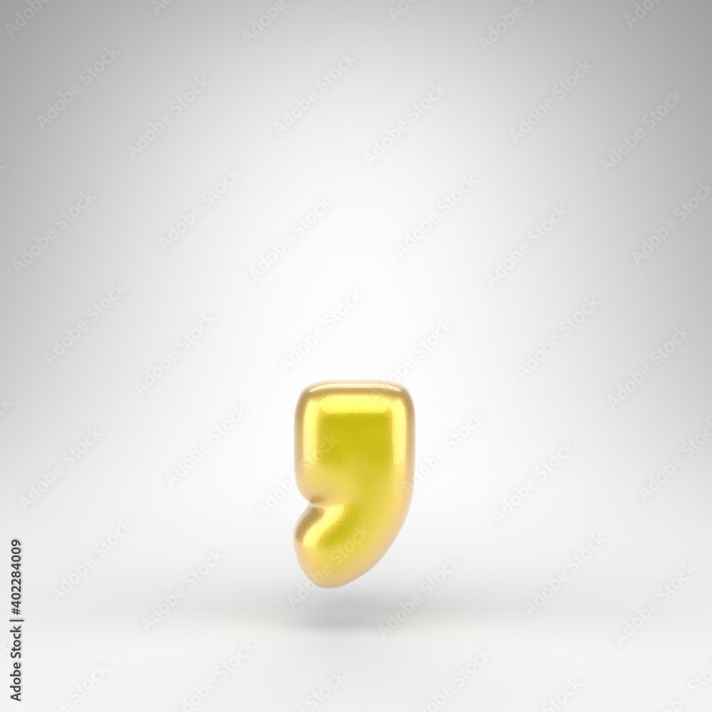 Coma symbol on white background. Yellow car paint 3D sign with glossy metallic surface. Coma symbol on white background. Yellow car paint 3D sign with glossy metallic surface.