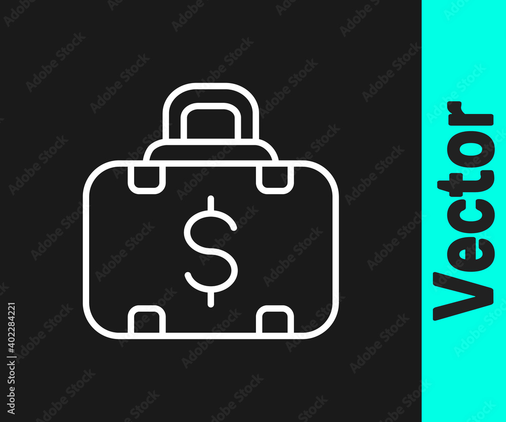 White line Briefcase and money icon isolated on black background. Business case sign. Business portfolio. Vector. White line Briefcase and money icon isolated on black background. Business case sign. Business portfolio. Vector.