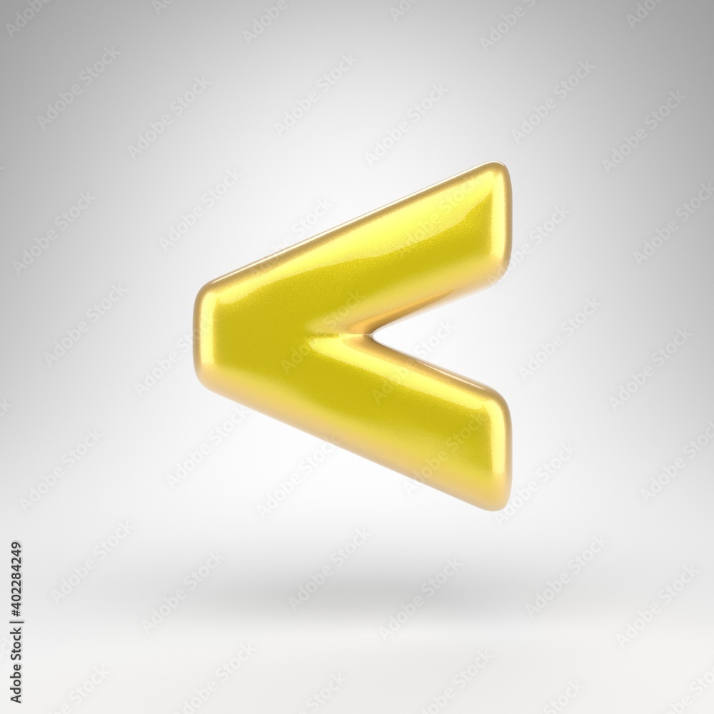 Less than symbol on white background. Yellow car paint 3D sign with glossy metallic surface. Less than symbol on white background. Yellow car paint 3D sign with glossy metallic surface.