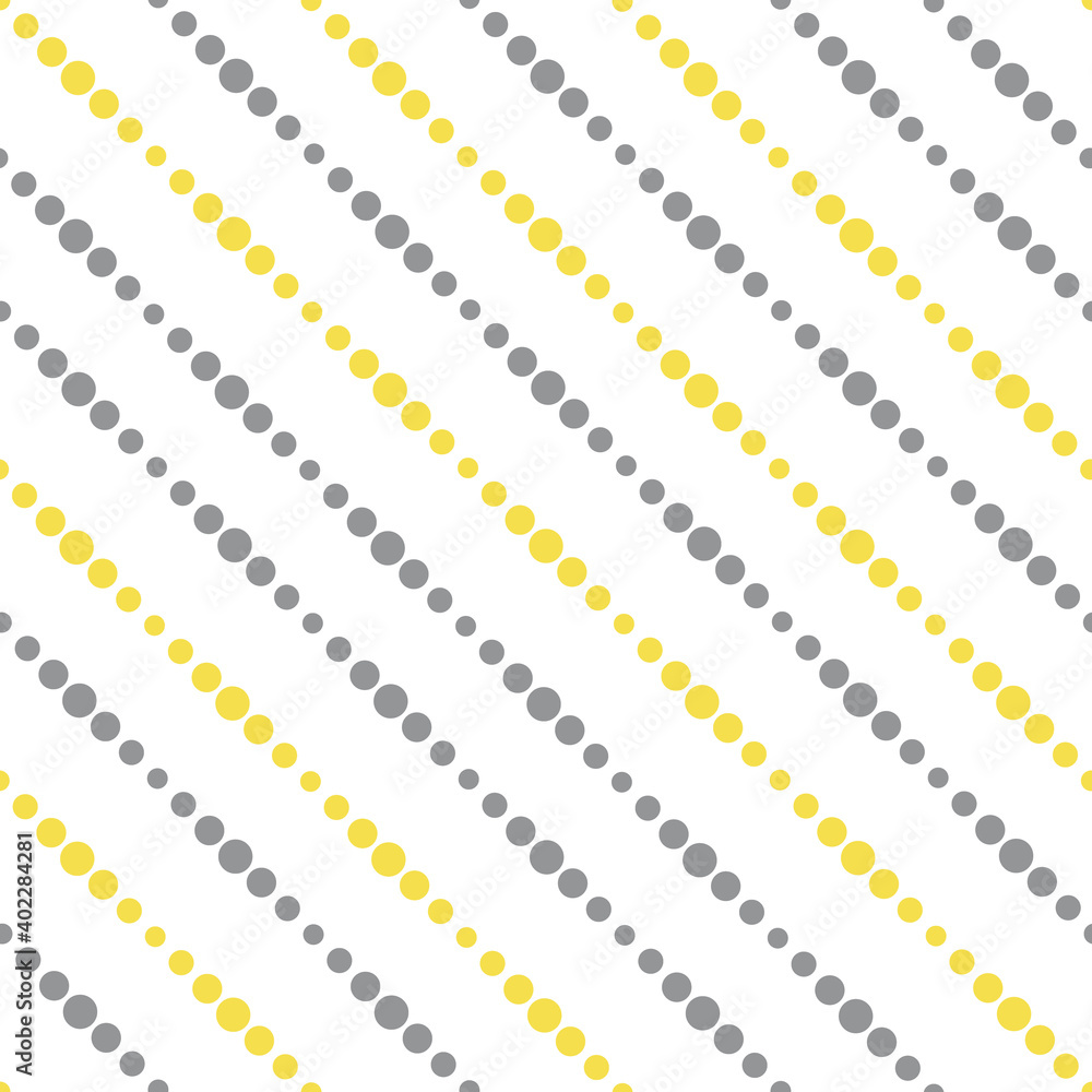 Illuminating yellow and ultimate gray seamless diagonal striped pattern, vector illustration. Seamless pattern with yellow and gray lines of dots on white. Dotted stripes geometric background