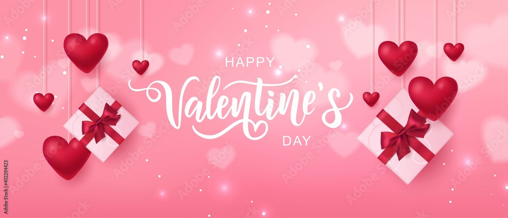 Fototapeta Happy Valentine's Day hand lettering typography with realistic looking gift boxes and hearts. Vector design for greeting cards, banner, poster template. Celebration illustration.