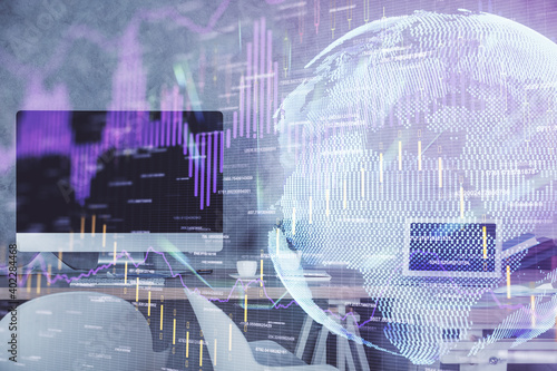 Multi exposure of financial graph drawing and office interior background. Concept of market analysis.