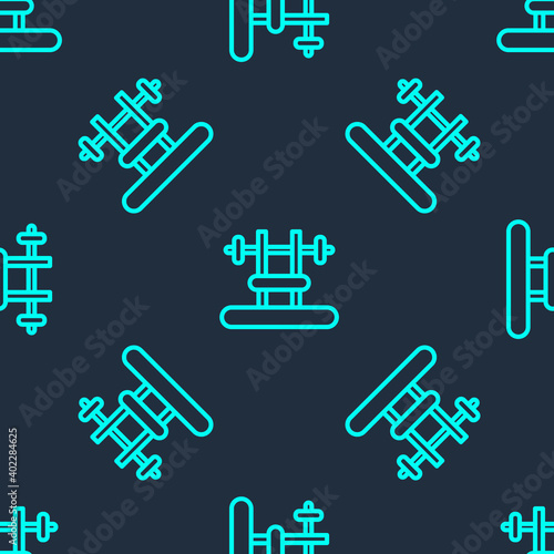 Green line Bench with barbel icon isolated seamless pattern on blue background. Gym equipment. Bodybuilding, powerlifting, fitness concept. Vector.