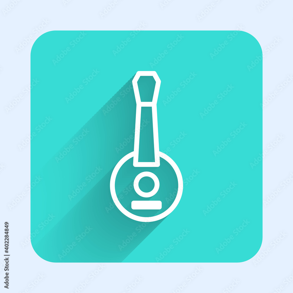 White line Banjo icon isolated with long shadow. Musical instrument. Green square button. Vector. White line Banjo icon isolated with long shadow. Musical instrument. Green square button. Vector.