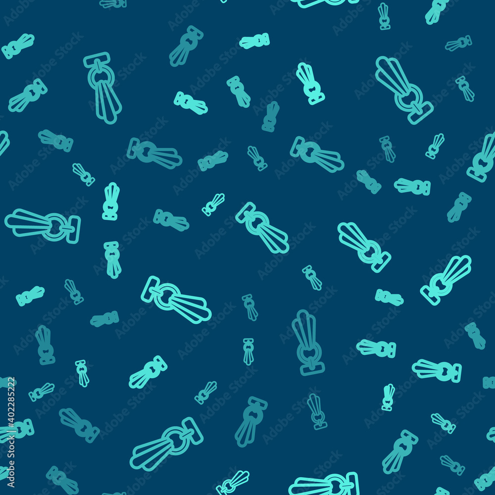 Green line Towel on a hanger icon isolated seamless pattern on blue background. Bathroom towel icon. Vector. Green line Towel on a hanger icon isolated seamless pattern on blue background. Bathroom towel icon. Vector.