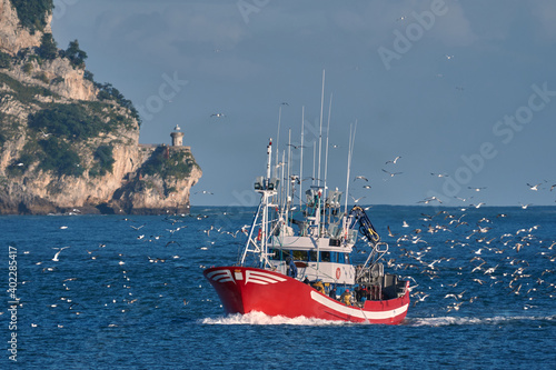 fishing boat, entering the port surrounded by seagulls with the lighthouse in the background