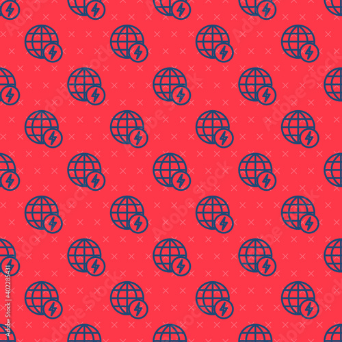 Blue line Global energy power planet with flash thunderbolt icon isolated seamless pattern on red background. Ecology concept and environmental. Vector. photo