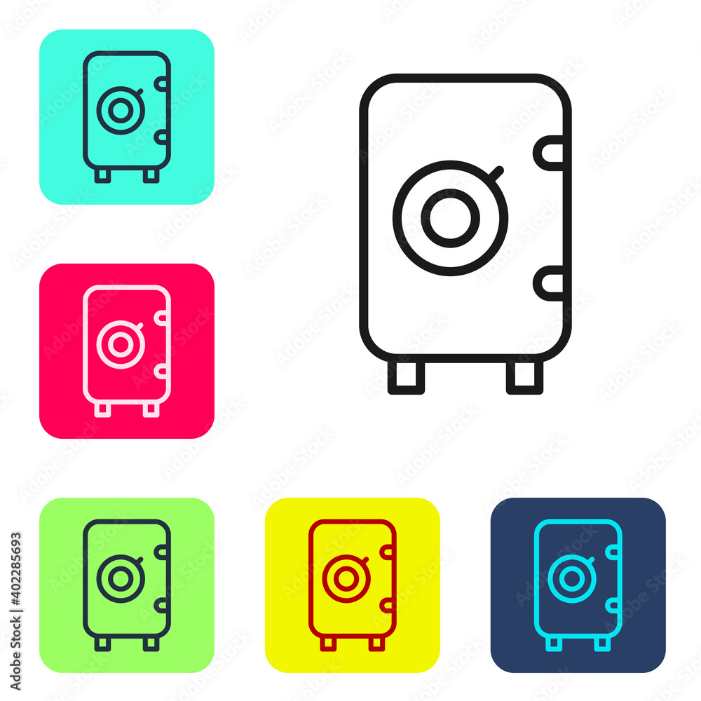 Black line Safe icon isolated on white background. The door safe a bank vault with a combination lock. Reliable Data Protection. Set icons in color square buttons. Vector. Black line Safe icon isolated on white background. The door safe a bank vault with a combination lock. Reliable Data Protection. Set icons in color square buttons. Vector.
